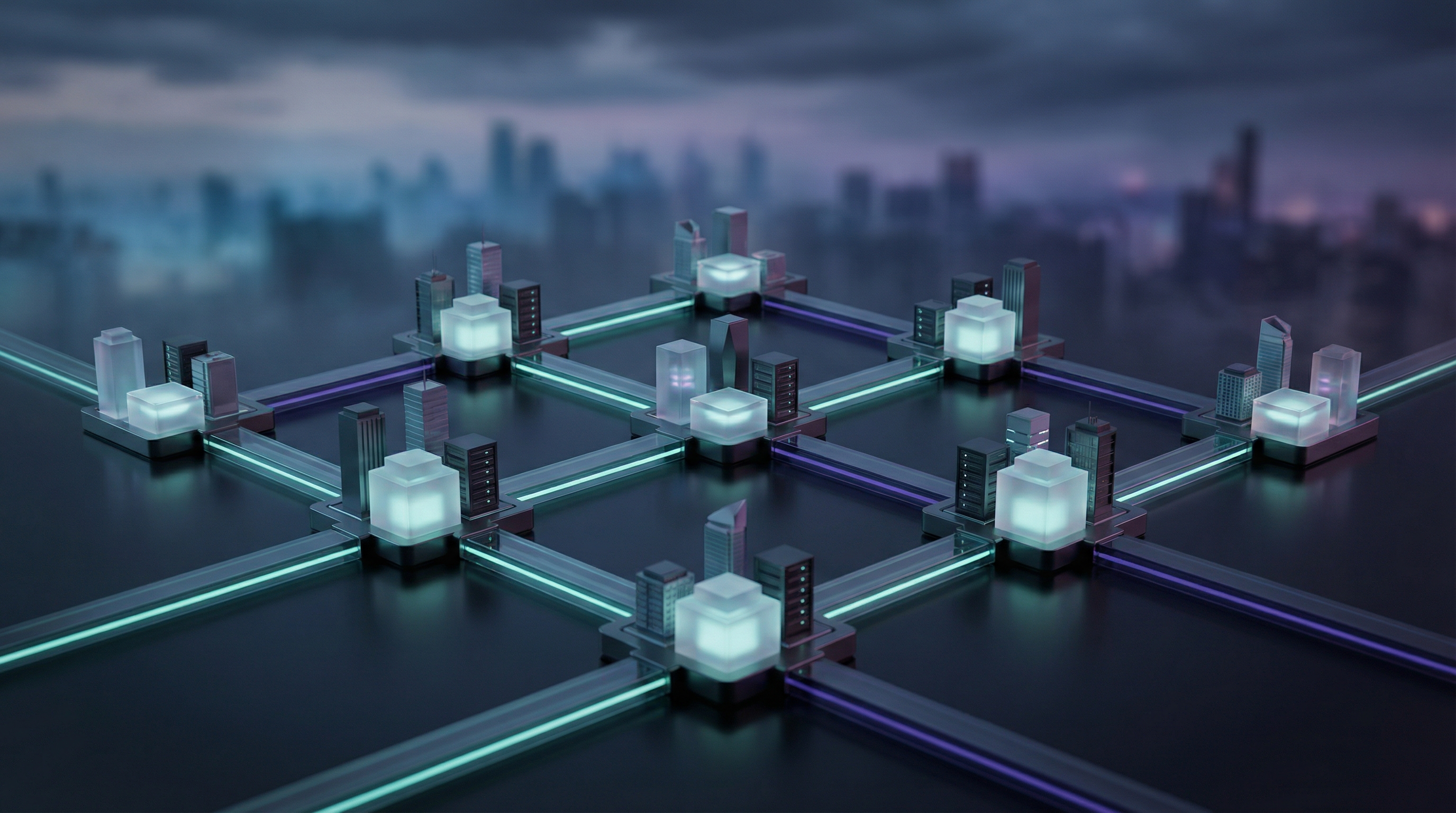 Conceptual 3D visualization of federated ERP networks