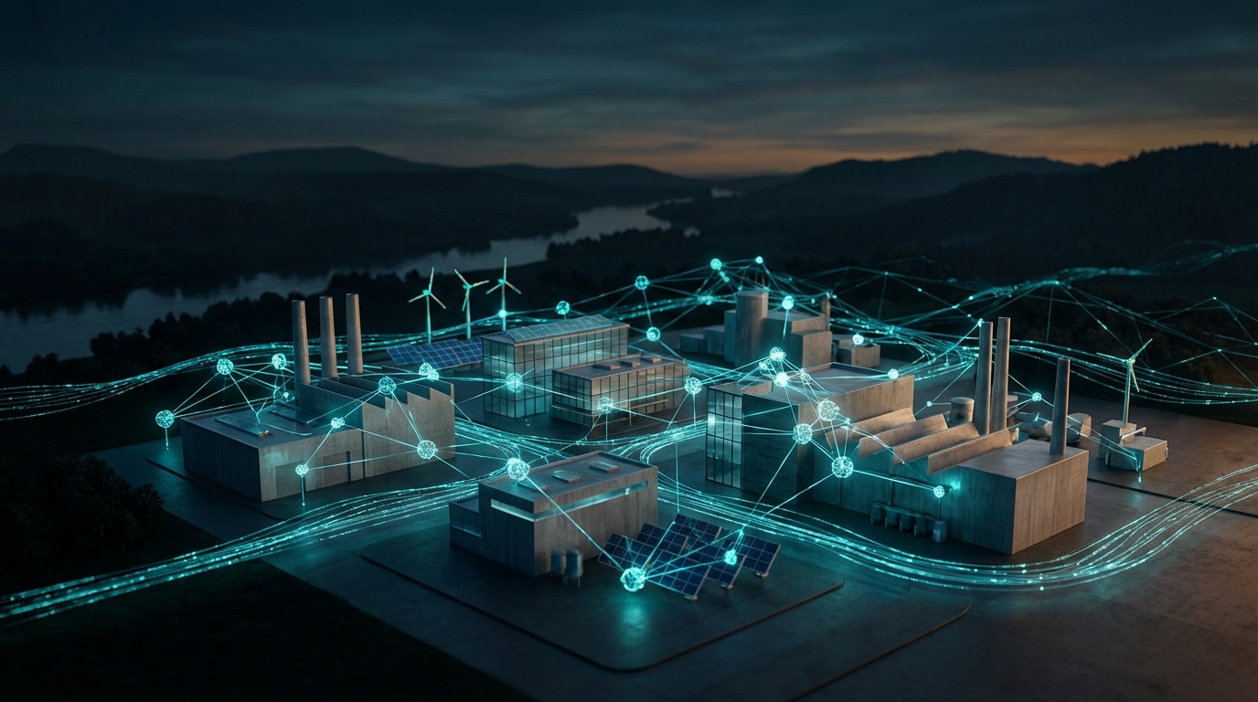 Conceptual visualization of German industrial machinery integrated with neural AI networks